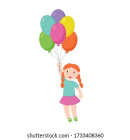 Cute girl flying in balloons. Isolated character on a white background. Vector.