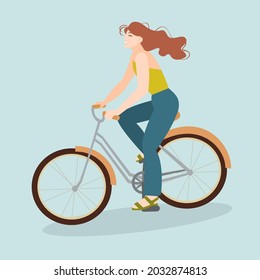 A cute girl with flying hair rides a bicycle.  Active lifestyle concept, eco-friendly means of transportation. Vector illustration.