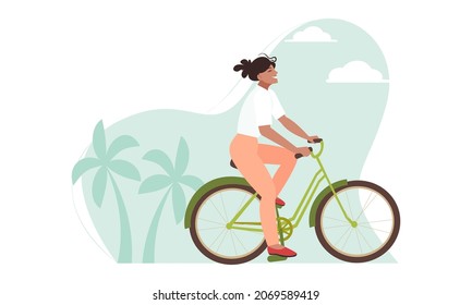 A cute girl with flying hair rides a bicycle. Background landscape with palm. The concept of an active lifestyle, environmentally friendly means of transportation. Vector illustration.