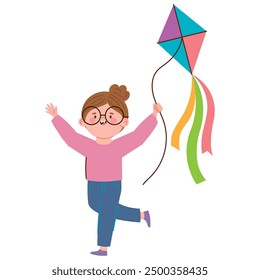 cute girl flying kite cartoon isolated