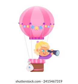 Cute girl flying in pink hot air balloon and looking through telescope. Cartoon female young pilot vector illustration. Travel with friends. Funny air adventure in aerostat. Outside leisure time.