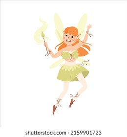 Cute Girl Flying with Wings Holding Magic Wand Vector Illustration