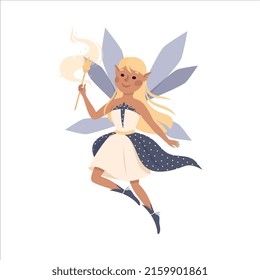 Cute Girl Flying with Wings Holding Magic Wand Vector Illustration. Little Pixie in Pretty Dress Hovering Around as Fantastic Creature from Fairytale Concept.