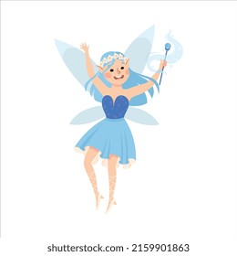 Cute Girl Flying with Wings Holding Magic Wand Vector Illustration. Little Pixie in Pretty Dress Hovering Around as Fantastic Creature from Fairytale Concept.