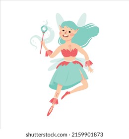 Cute Girl Flying with Wings Holding Magic Wand Vector Illustration. Little Pixie in Pretty Dress Hovering Around as Fantastic Creature from Fairytale Concept.