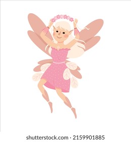 Cute Girl Flying with Wings Holding Floral Wreath Vector Illustration