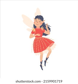Cute Girl Flying with Wings and Smiling Vector Illustration
