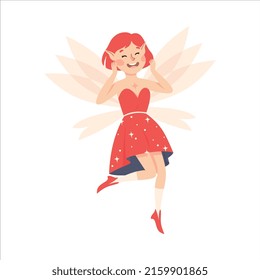 Cute Girl Flying with Wings and Smiling Vector Illustration