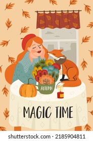 Cute girl with a fox. Autumn fairy tale illustration. Vector design for card, poster, flyer, web and other use.