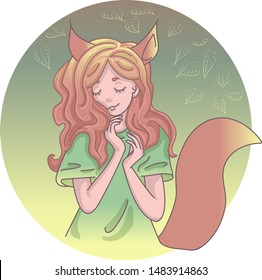 Cute girl fox with closed eyes smiling. Surrounded by green foliage of trees. Cartoon character. Vector stock illustration