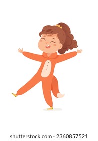 Cute girl in fox costume vector illustration. Cartoon isolated kid in funny carnival kigurumi with tail dancing at pajama party or sleepover with friends, happy child in cozy orange animal suit