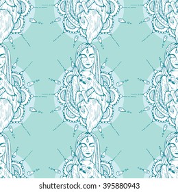 Cute girl with a fox in her hands on mandala background. Decorative elements. Hand drawn background. Islam, Arabic, Indian, ottoman motifs. Pattern background