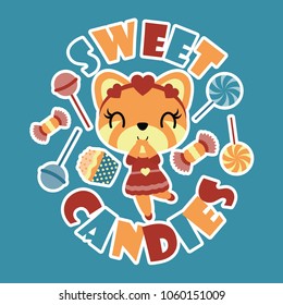 Cute girl fox and sweet candies vector cartoon illustration for Kid t-shirt background design, postcard, and wallpaper