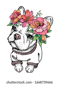 
Cute girl french bulldog in a flower wreath. Stylish image for printing on different surfaces