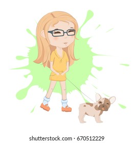 Cute girl with french bulldog on a background of blots. Child with dog vector illustration. Beautiful girl and pretty puppy cartoon character.