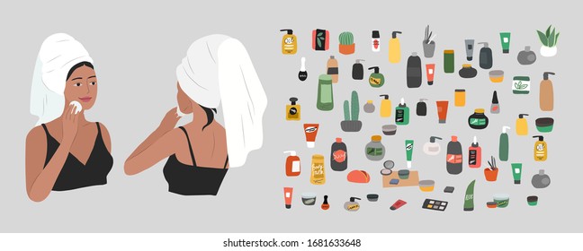 Cute girl front and back view, with towel on head, care for skin, cleanses face and makeup. Natural organic cosmetics products in bottles. Skincare routine set. Cartoon vector illustration