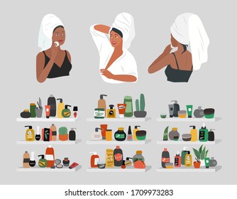 Cute girl front and back view, with towel on head, care for skin, cleanses face and makeup. Natural organic cosmetics products in bottles. Skincare routine set. Cartoon vector illustration