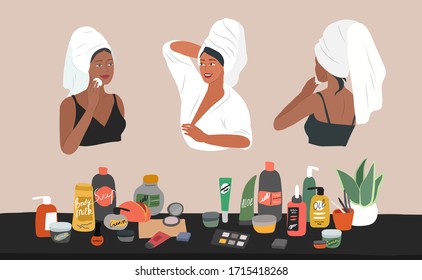 Vista frontal y posterior de una chica, con toalla en la cabeza, cuidado de la piel, limpieza de la cara y maquillaje. Productos cosméticos naturales orgánicos en botellas. Equipo de rutina de cuidado de la piel. Ilustración vectorial de dibujos animados
