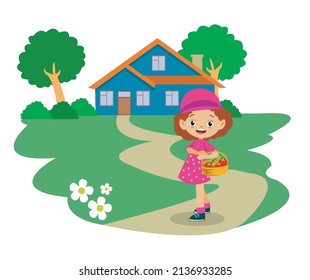 cute girl in front of blue house