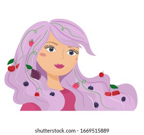 Cute girl with fruits and berries in her hair. Vector illustration in cartoon style.