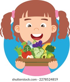 cute girl with fruits and vegetables vector illustration