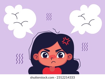 A cute girl fuming with rage feels unhappy with a problem or situation. The unhappy woman stressed that she had problems. Nervous breakdown or burnout. Vector illustration.