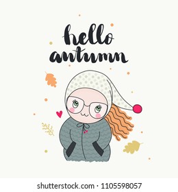A cute girl in funny beanie and glasses with ginger hair, leafs in the wind, hello autumn handwritten lettering. Cartoon hand drawn illustration, vector art.