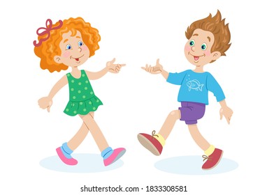 Cute girl and funny boy are dancing. In cartoon style. Isolated on white background. Vector flat illustration.
