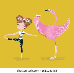 Cute girl and funny flamingo make yoga vector illustration for kids artworks.