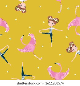 Cute girl and funny flamingo make yoga seamless pattern design.