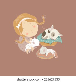 Cute girl with funny kittens and puppy. Vector illustration
