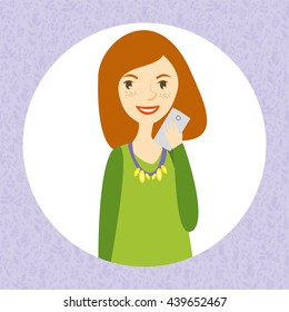 cute girl with the gadget. woman with a phone in his hand. mobile blogger. vector illustration