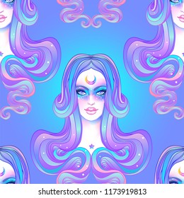 Cute girl with galaxy make up, dyed purple hair and stars, constellations. Seamless pattern.  Art nouveau inspired. Hipster, pastel goth, vibrant colors. Vector zodiac illustration.