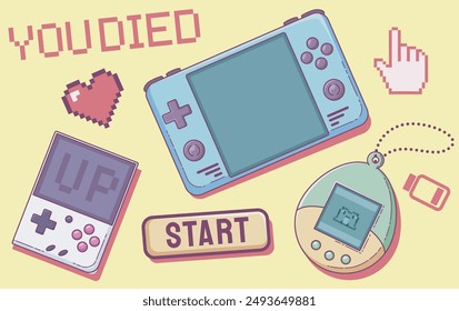 Cute girl gamer retro print. Kawaii pixel y2k set. 90s graphic design with geek gamepad, low energy icon, start game button and tamagotchi. Simple woman aesthetic with text and play art illustration