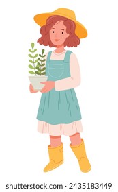 Cute girl gardener in hand drawn style holding a pot with a plant.Hand drawn vector trendy illustration. 