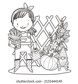 Cute girl gardener and plants  watering can  pumpkin   garden gnome  Coloring page for coloring book  Black   white outline vector illustration 