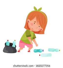 Cute Girl Gathering Plastic Bottles for Recycling Vector Illustration