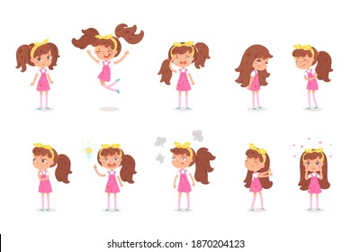 Cute girl gestures and emotions set. Child is angry, happy, crying, sad, arguing, thinking, wondering, in love, brainstorming. Vector character illustration of bundle different types of moods behavior