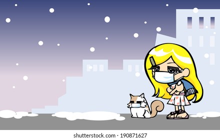 Cute girl get cold with cat