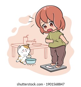 A Cute Girl Get Shocked When Measuring Her Body Weight After A Meal. Body Insecurity Concept Illustration. Drawn In Kawaii Chibi Style.