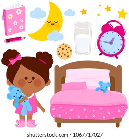 Cute girl getting ready for bed at night. Vector illustration set. 
