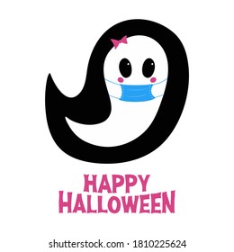 Cute girl ghost in blue medical mask with pink blush, bow and Happy Halloween lettering. Holiday greeting card. Isolated on white background. Vector stock illustration.