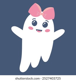 Cute girl ghost with bow. Spooky funny Halloween character. Vector flat hand drawn illustration.