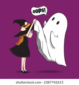 Cute girl and cute ghost illustration for Halloween.Holidays cartoon character. Trick or treat. Halloween funny cartoon.For kids, cute halloween t shirt graphic.Ideal for Posters, Cards, Wall Art.