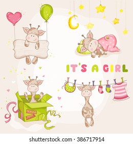 Cute Girl Giraffe Set. Baby Shower or Arrival Card in vector