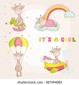 Cute Girl Giraffe Set. Baby Shower or Arrival Card in vector