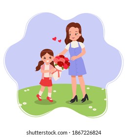 Una chica linda le da un ramo de rosas a su madre como regalo. Feliz concepto del día de la madre. Vector plano aislado en blanco.