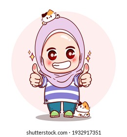 Cute Girl give two Thumbs Up sign wear hijab kid cartoon character Illustration