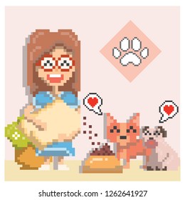 cute girl giving pet food in pixel art