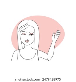 Cute girl with glamorous face makeup winking and waving line icon vector illustration